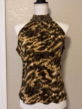 Cato Beaded High-Neck Animal Print Camisole in Brown and Tan